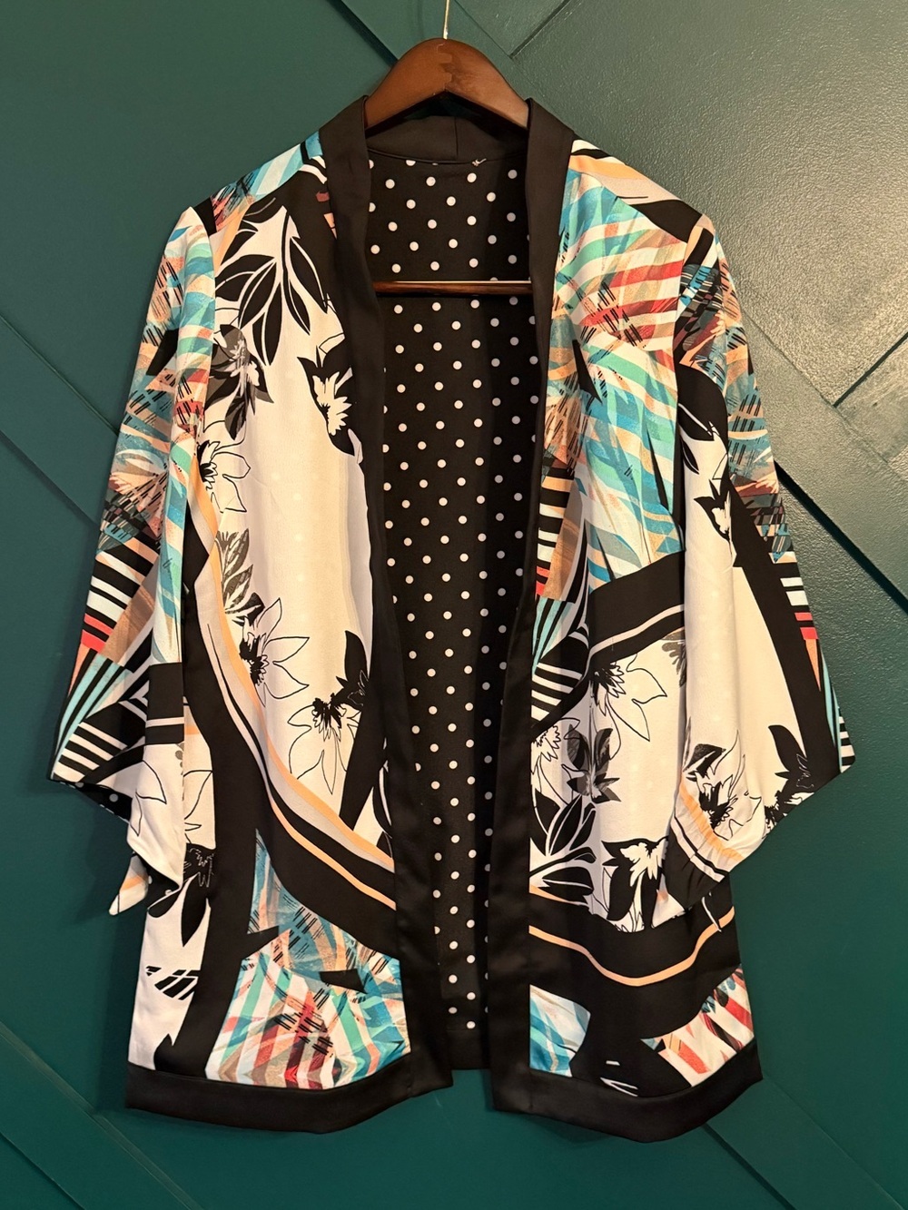 Chico's Black, White, Teal & Coral Floral Print Open Kimono Cardigan